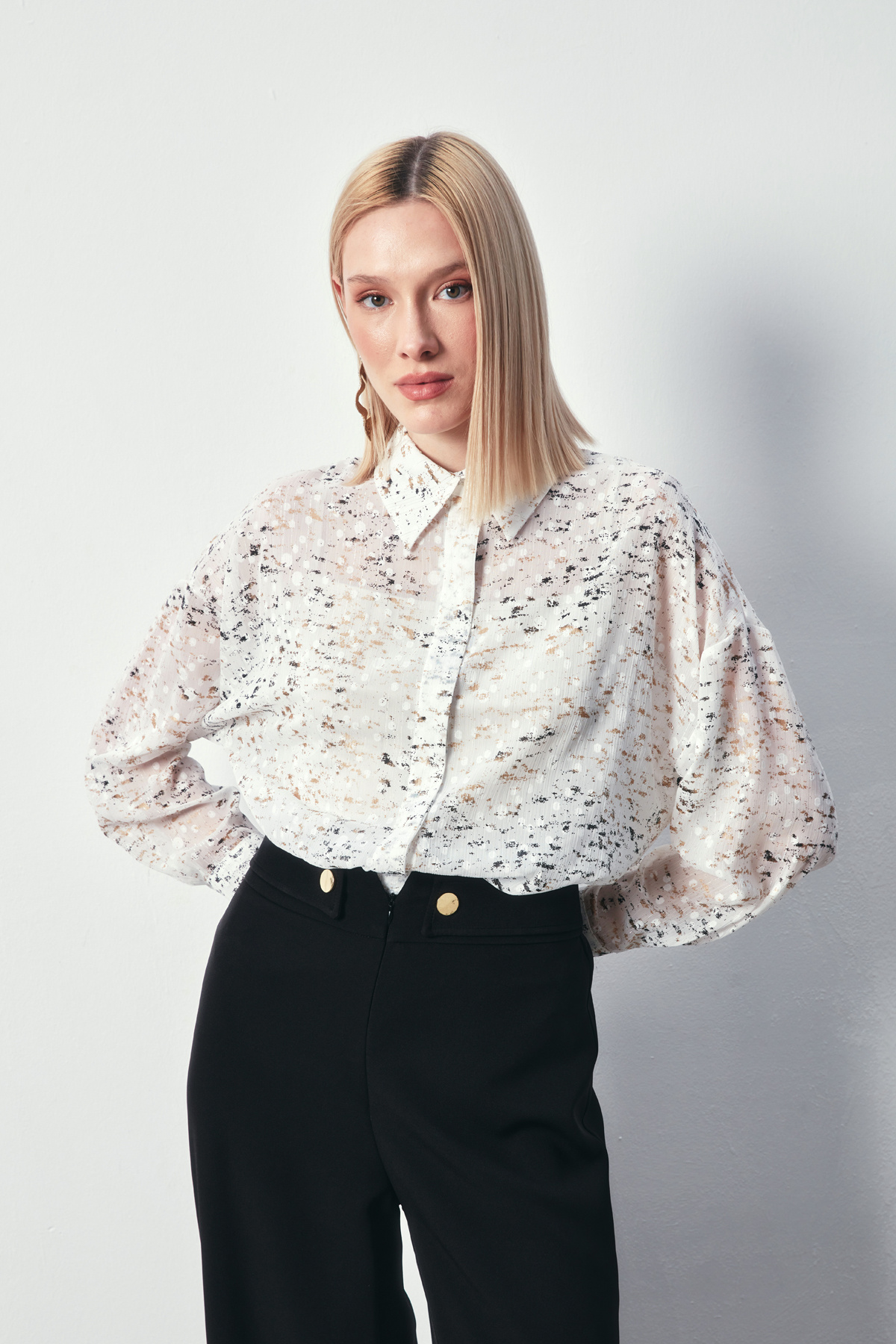 Varaklı Geniş Gömlek - EKRU-GOLD