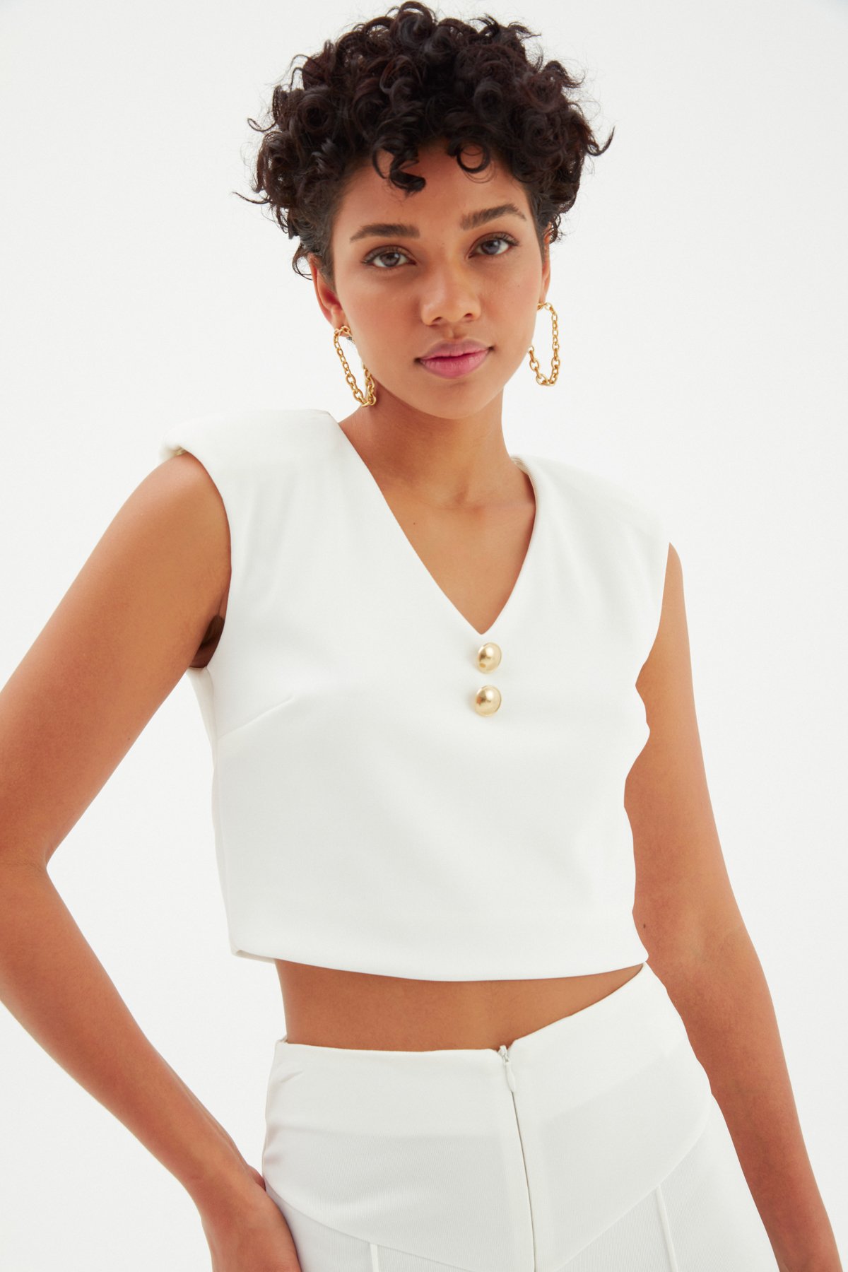 Vatka Detaylı Crop Bluz - EKRU