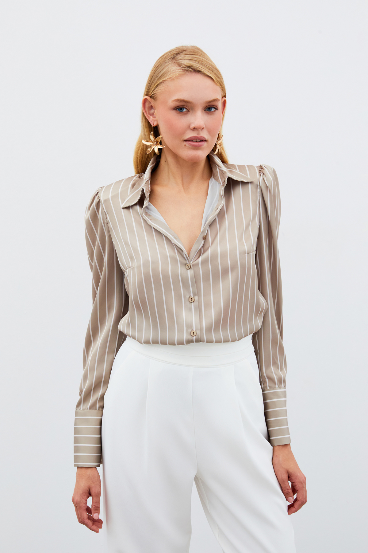 Vatkalı Çizgili Gömlek - BEJ