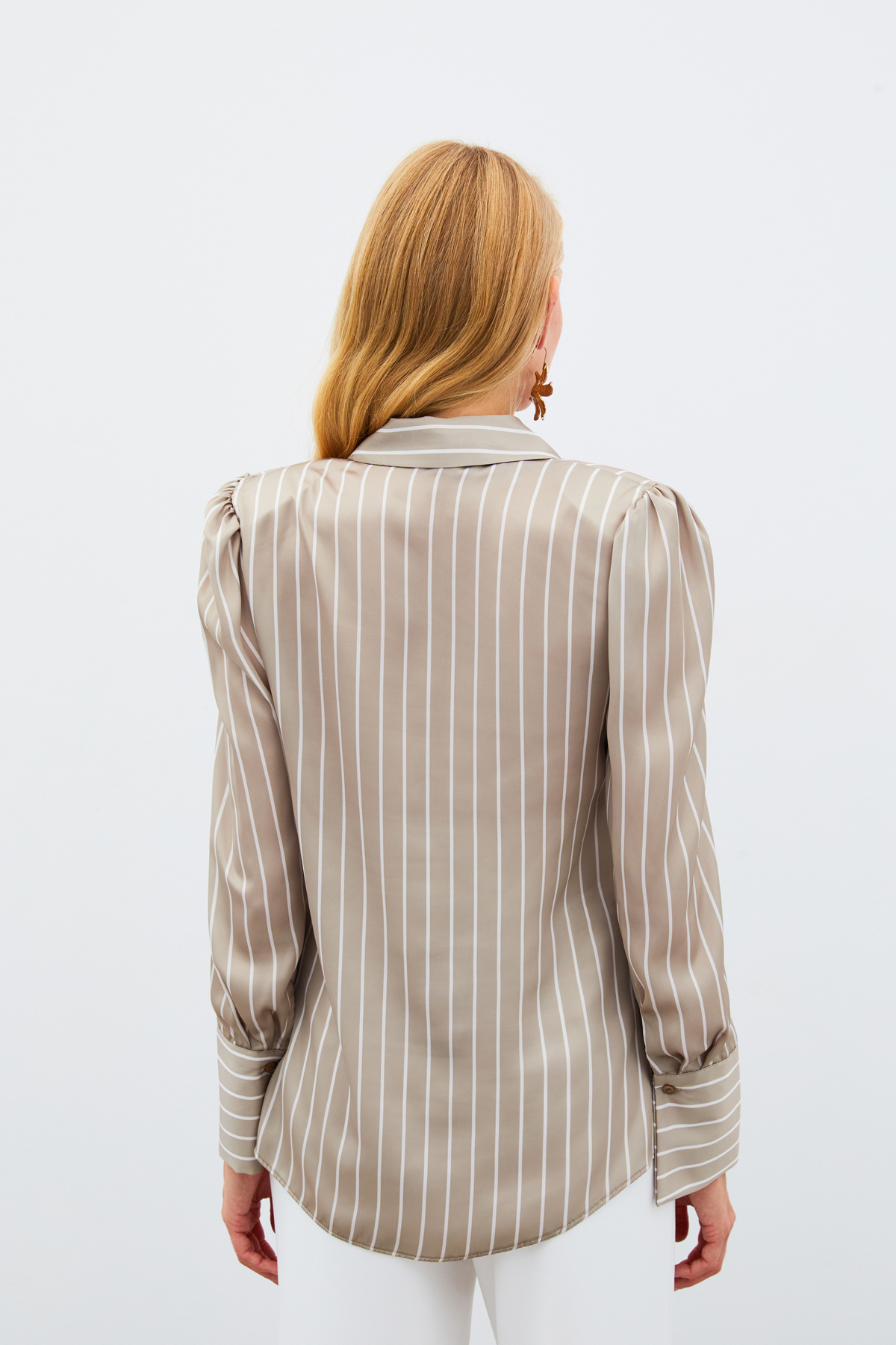 Vatkalı Çizgili Gömlek - BEJ
