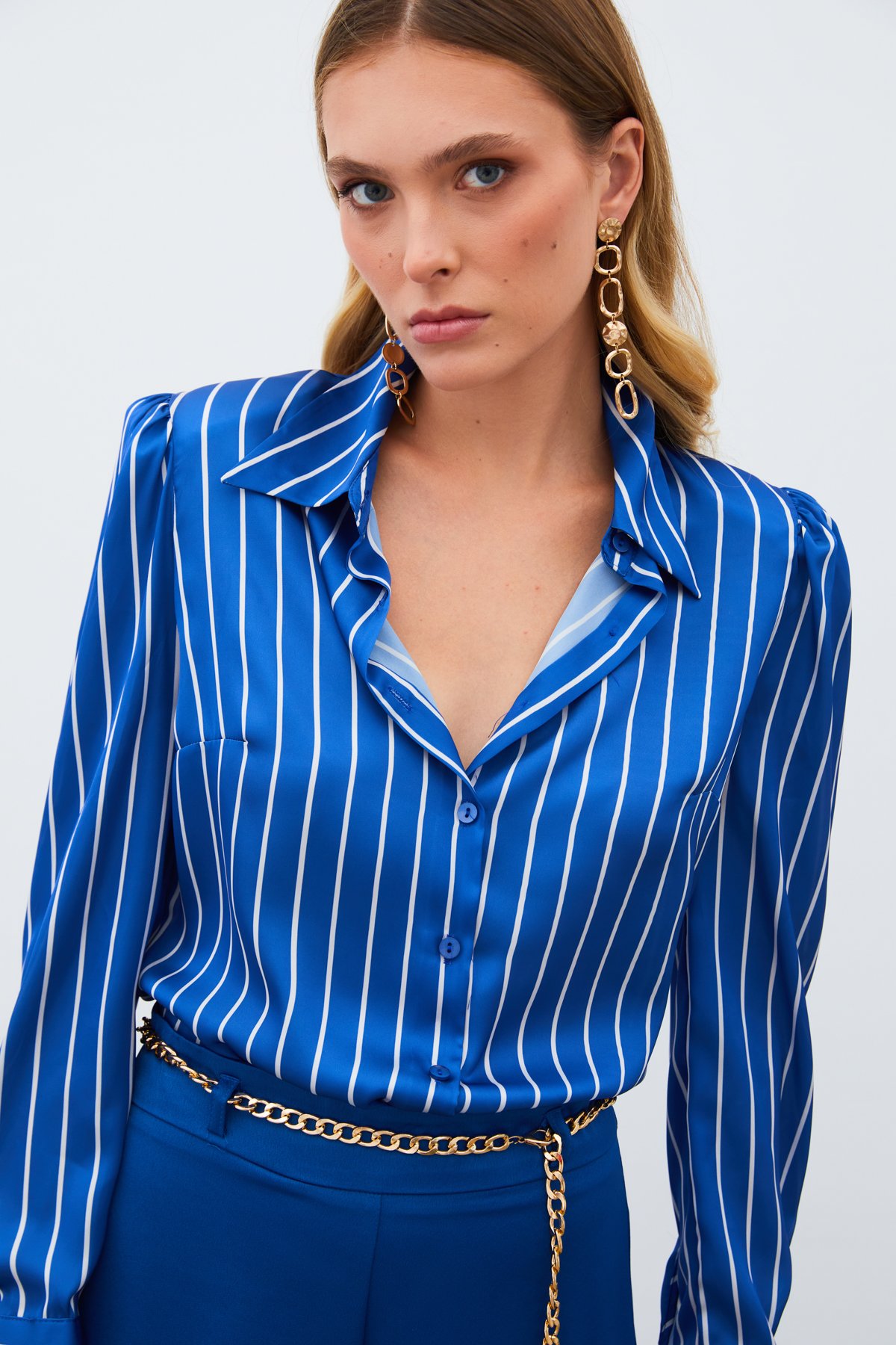 Vatkalı Çizgili Gömlek - SAX MAVİ