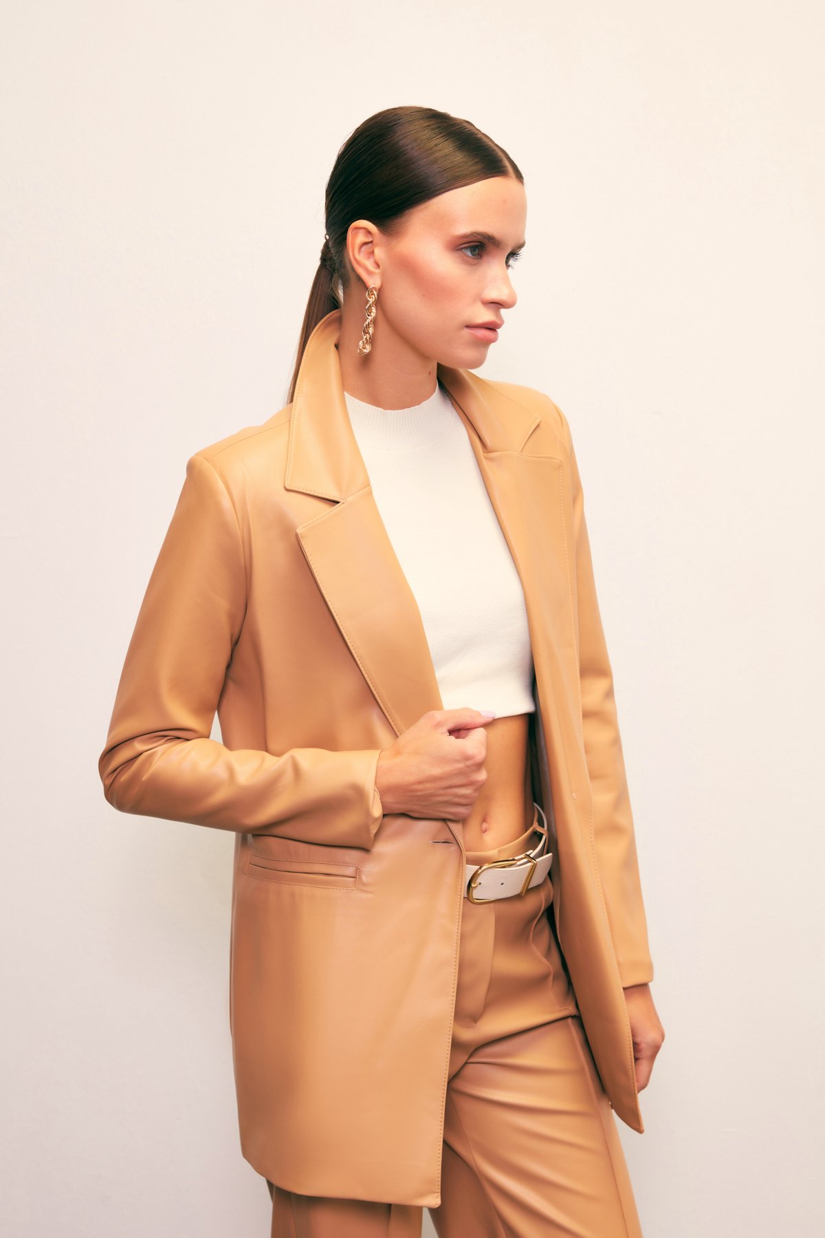 Vatkalı Deri Ceket - BEJ