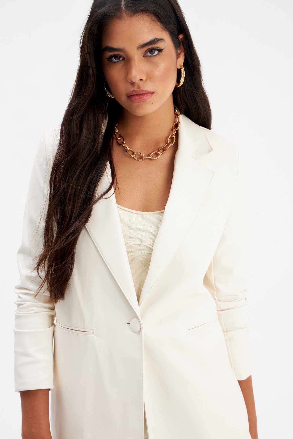 Vatkalı Deri Ceket - EKRU