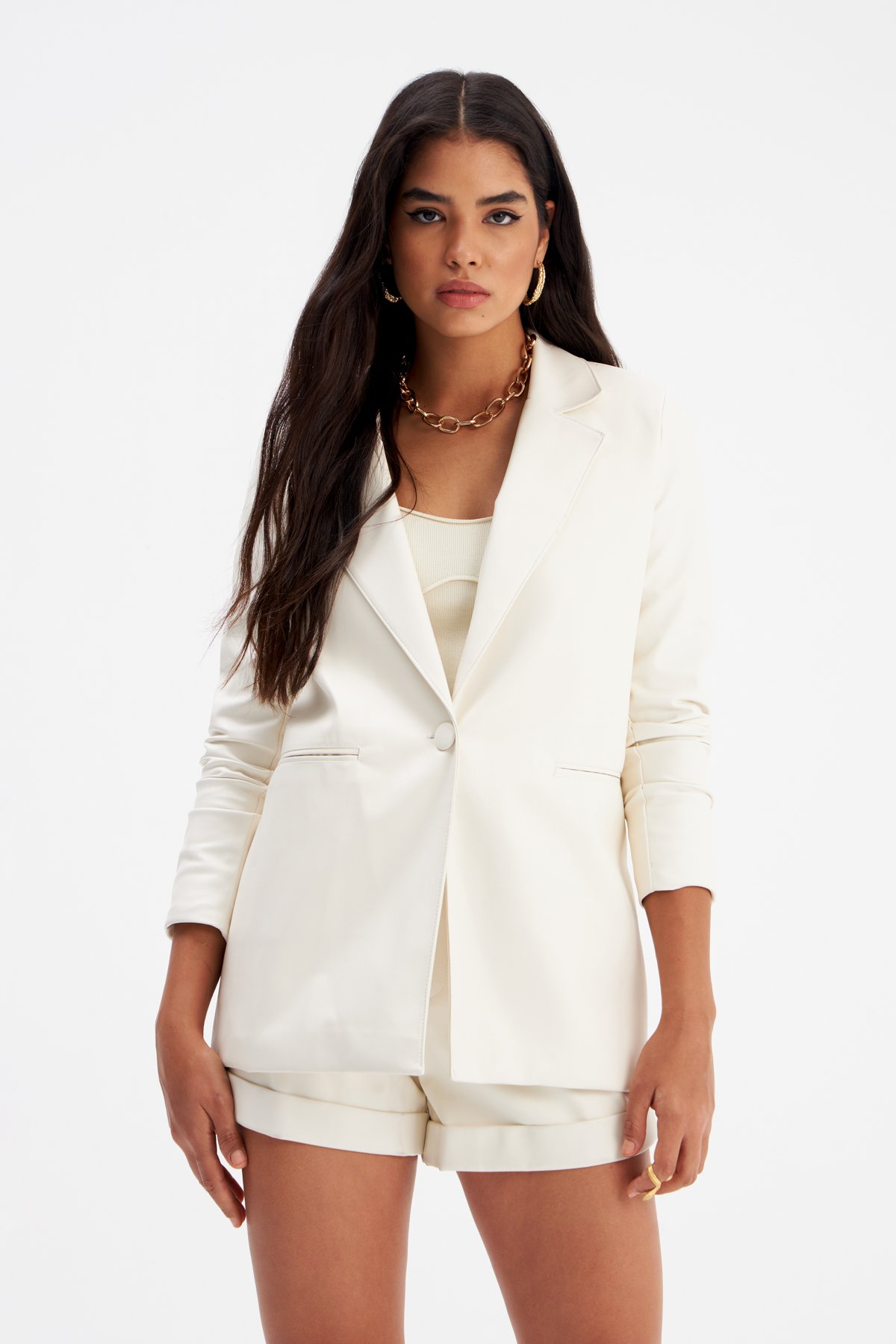 Vatkalı Deri Ceket - EKRU