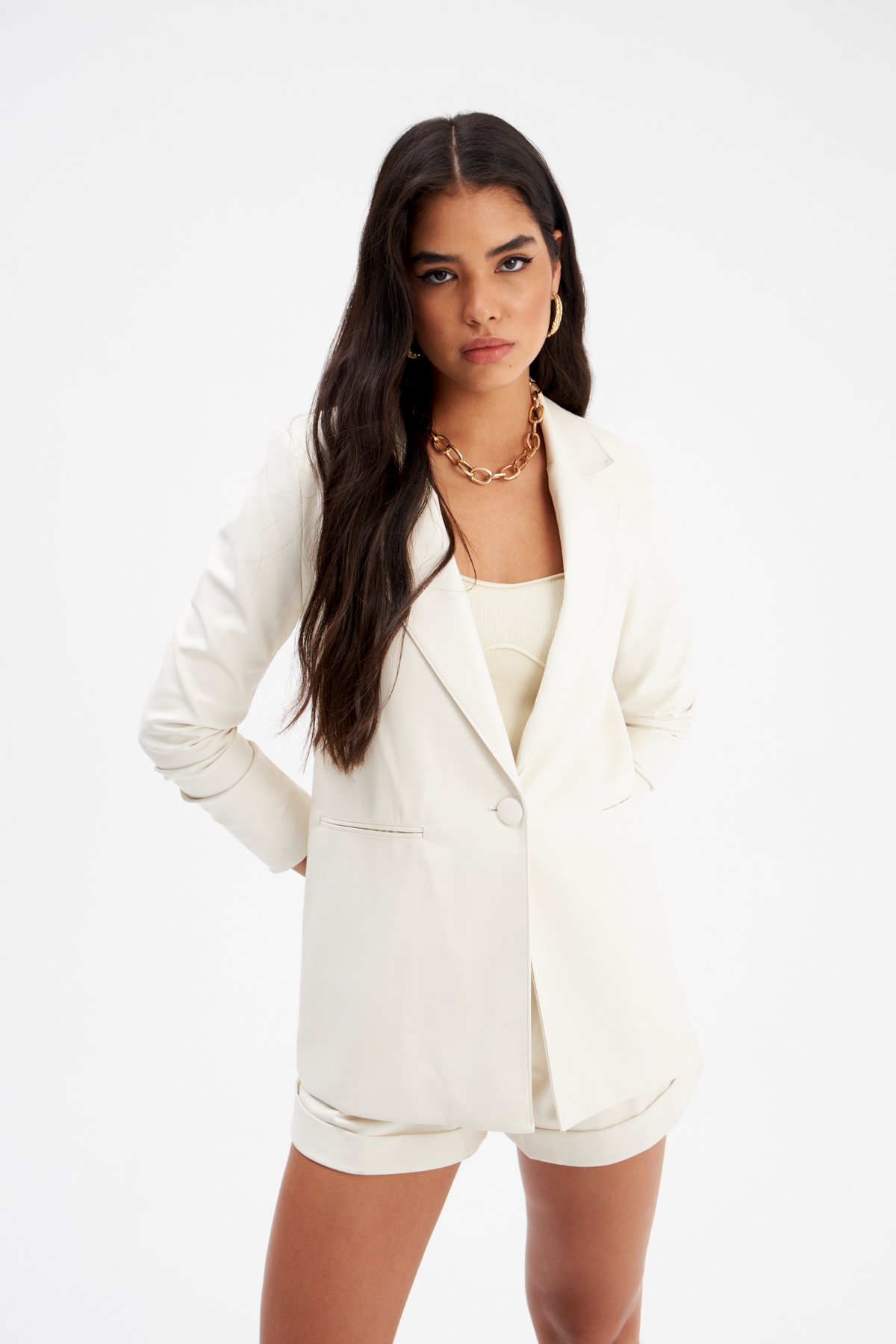 Vatkalı Deri Ceket - EKRU