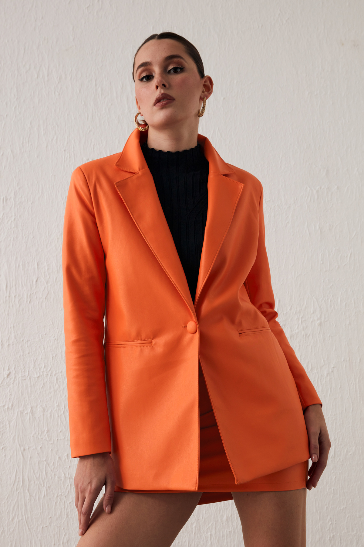 Vatkalı Deri Ceket - ORANJ