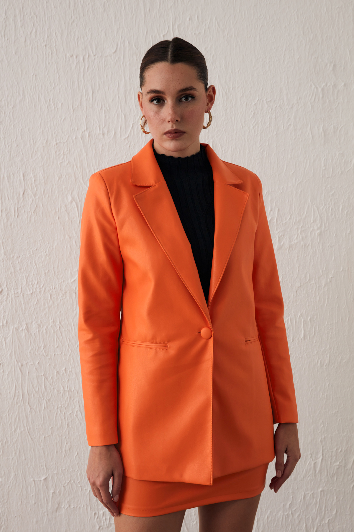 Vatkalı Deri Ceket - ORANJ