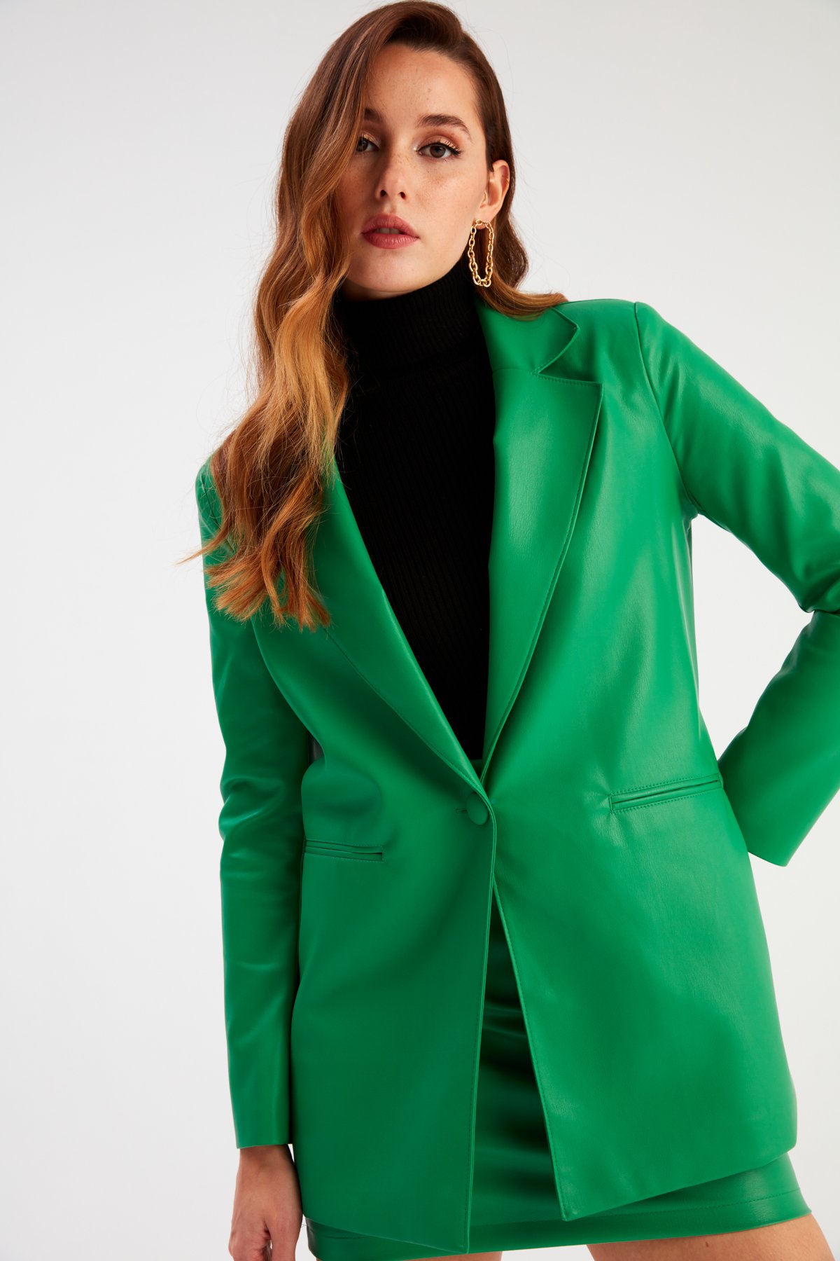 Vatkalı Deri Ceket - YEŞİL