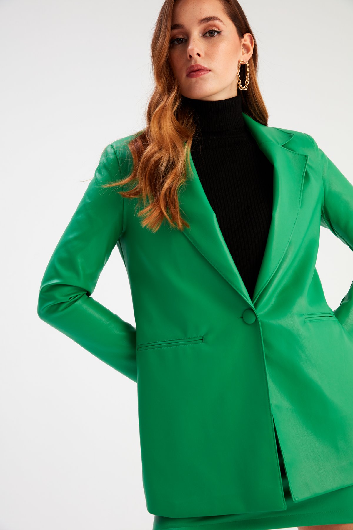 Vatkalı Deri Ceket - YEŞİL