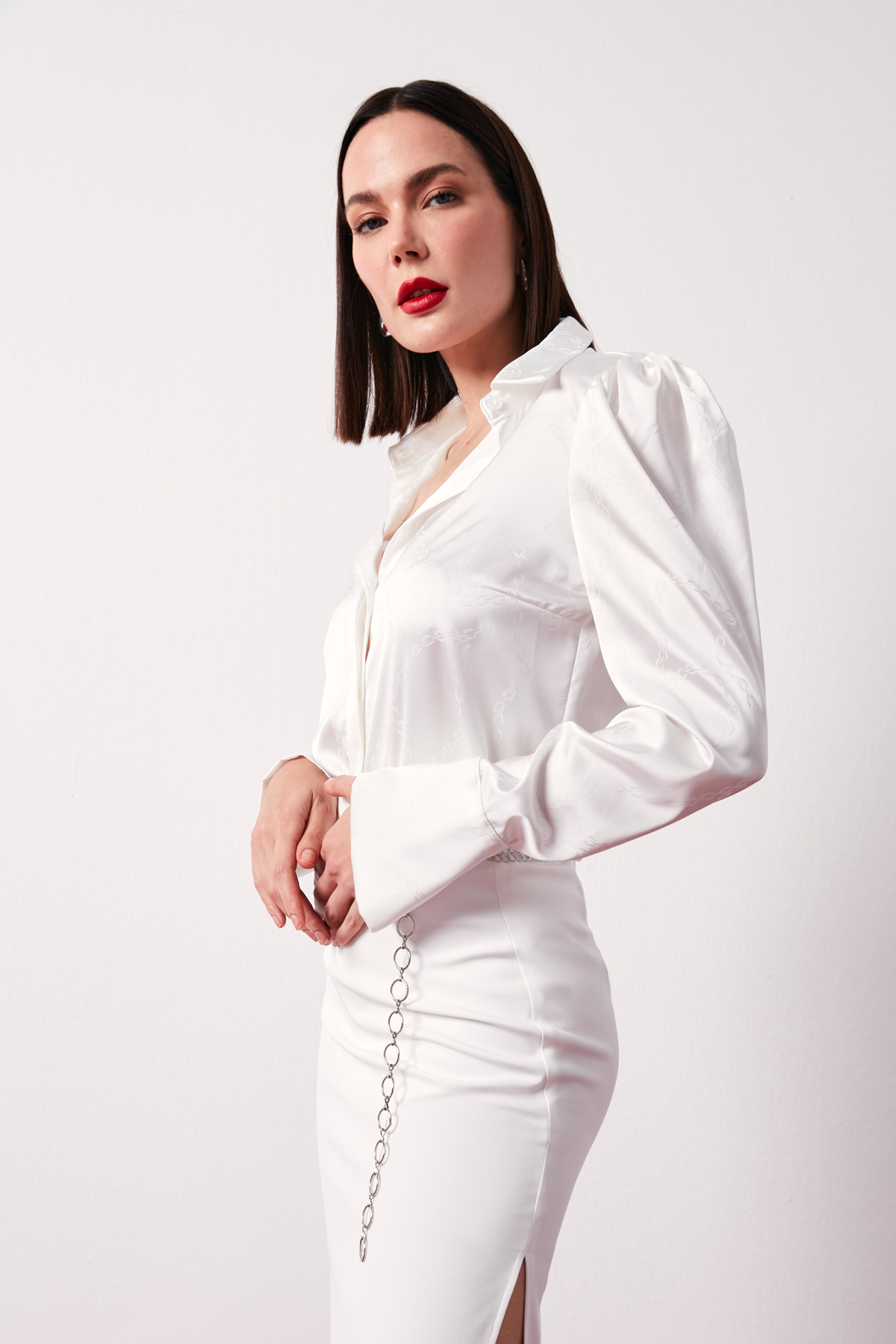 Vatkalı Desenli Saten Gömlek - EKRU