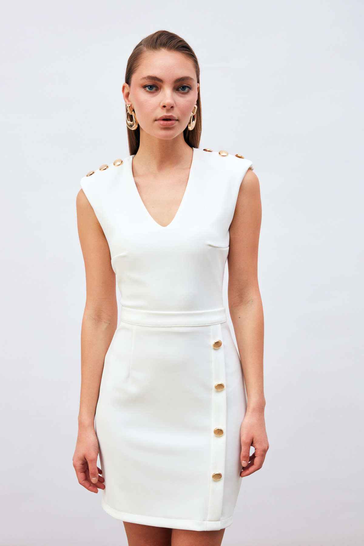 Vatkalı Gold Düğmeli Bluz - EKRU