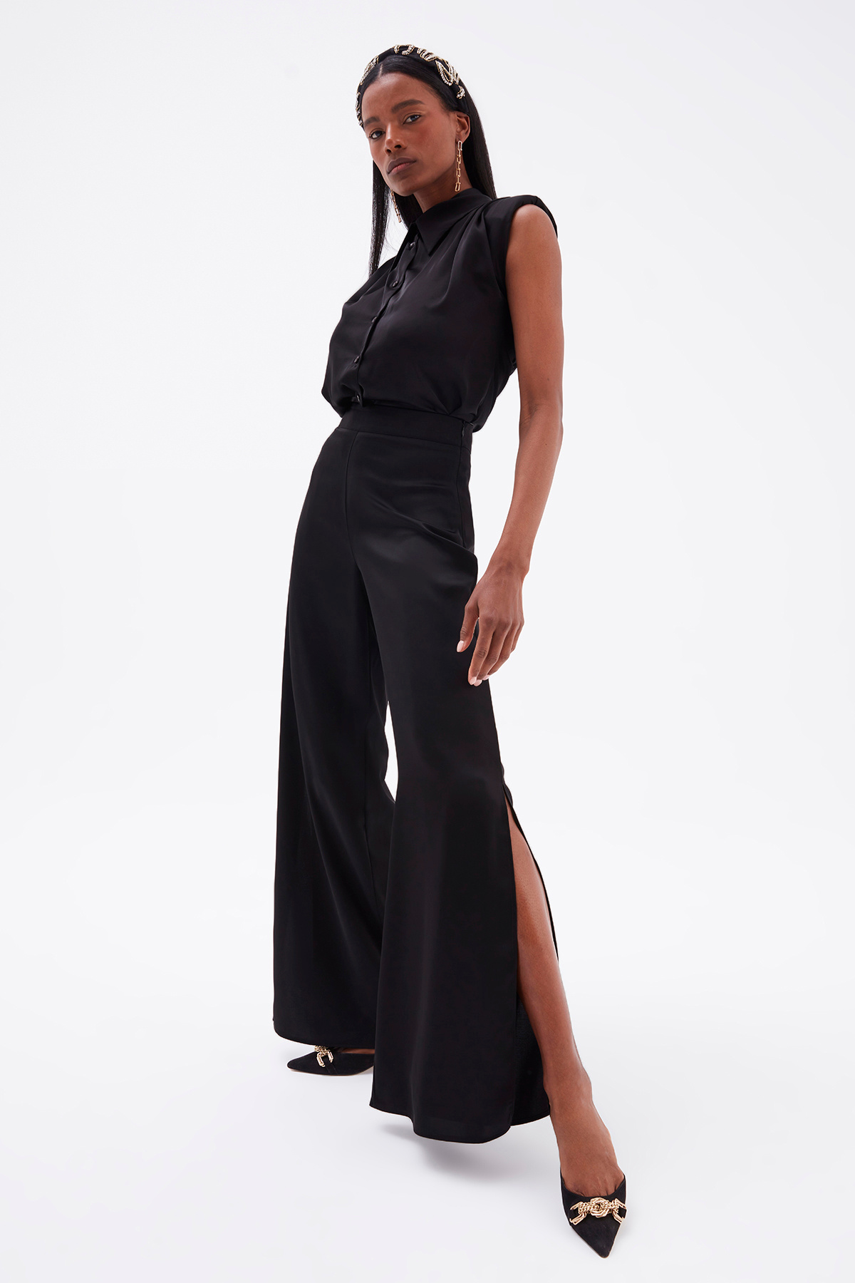 Waistless Sleeveless Satin Shirt - BLACK