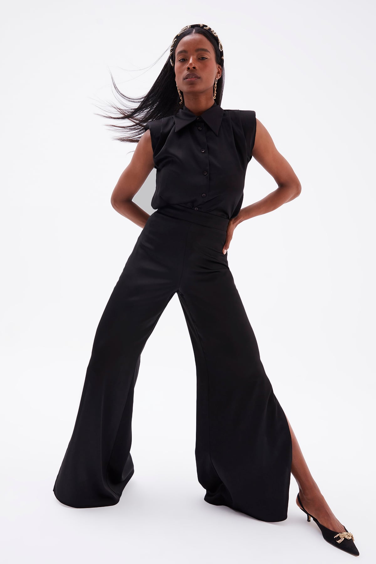 Waistless Sleeveless Satin Shirt - BLACK