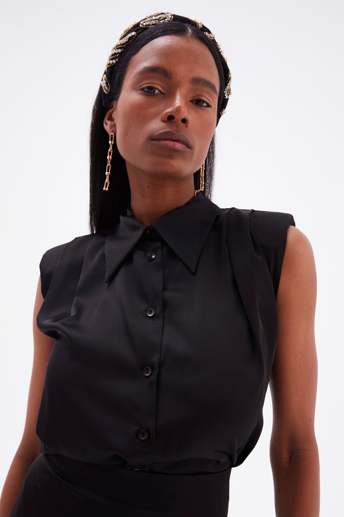 Waistless Sleeveless Satin Shirt - BLACK