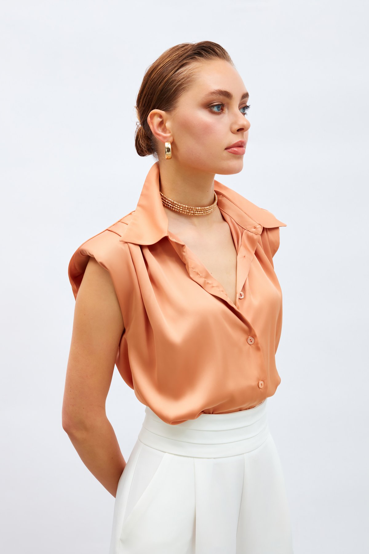 Waistless Sleeveless Satin Shirt - Salmon