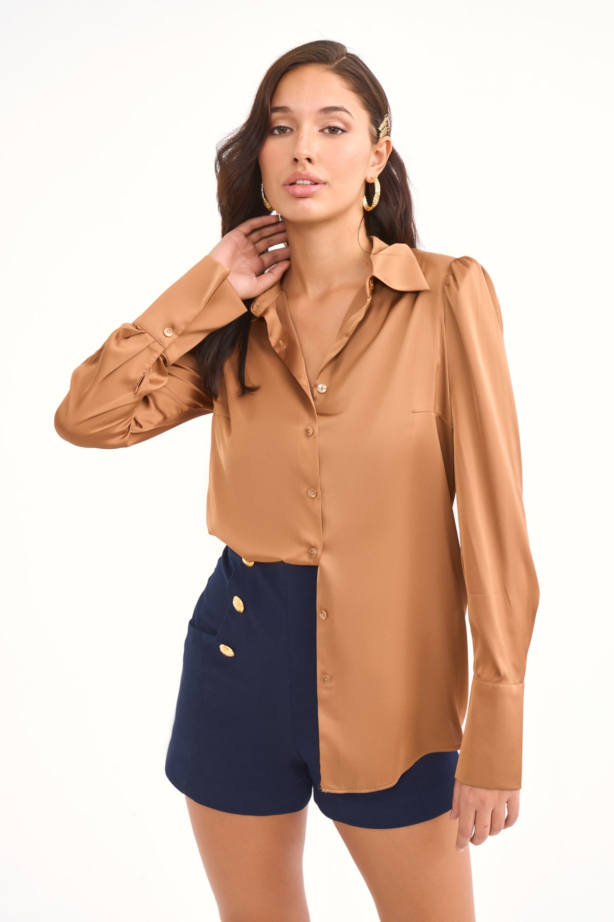 Vatkalı saten gömlek - CAMEL