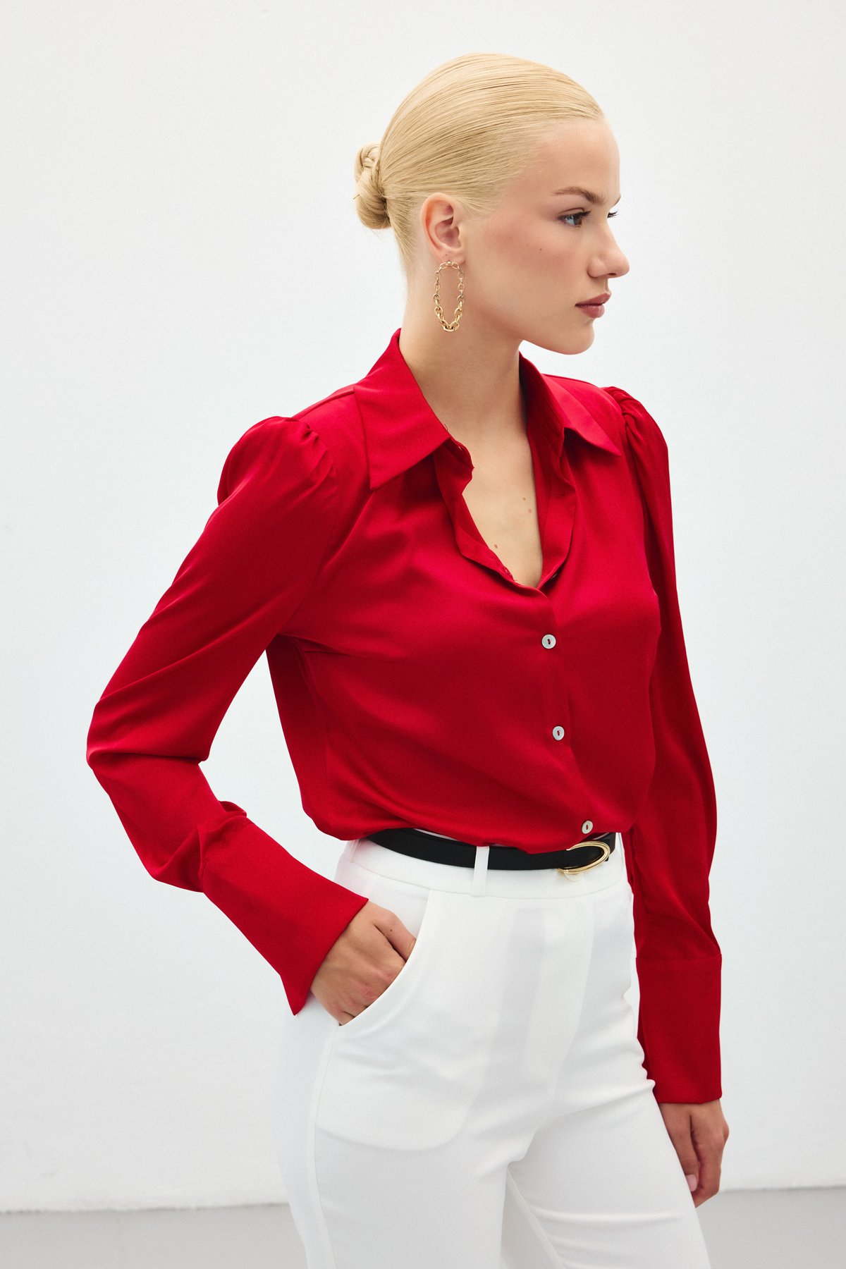Vatkalı Saten Gömlek - Kırmızı