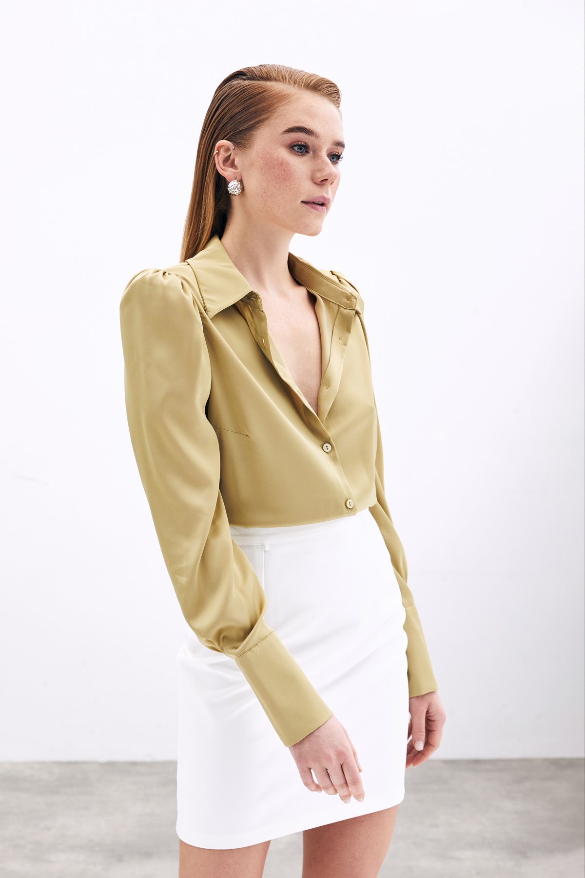 Vatkalı Saten Gömlek - Sütlü Kahve