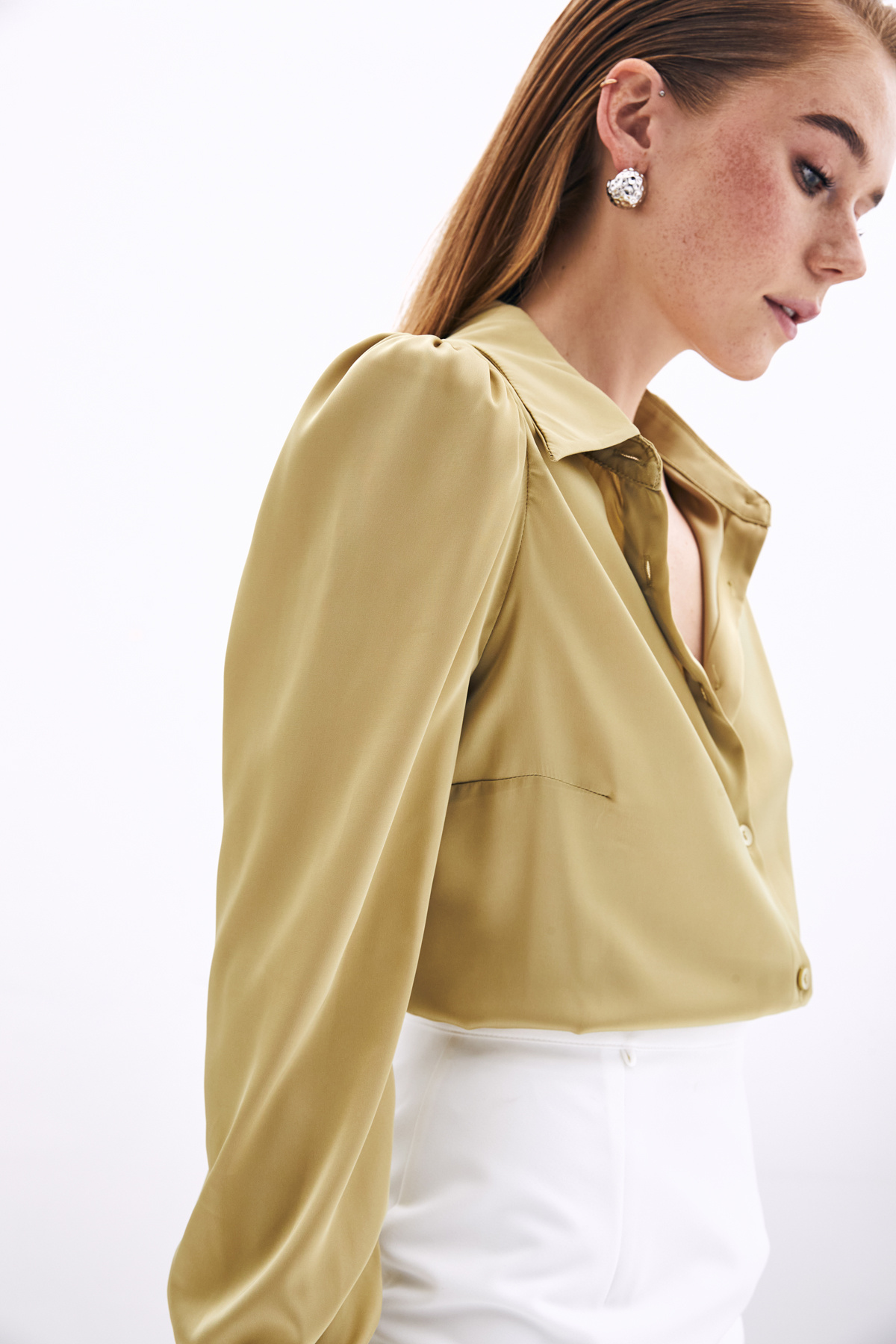 Vatkalı Saten Gömlek - Sütlü Kahve