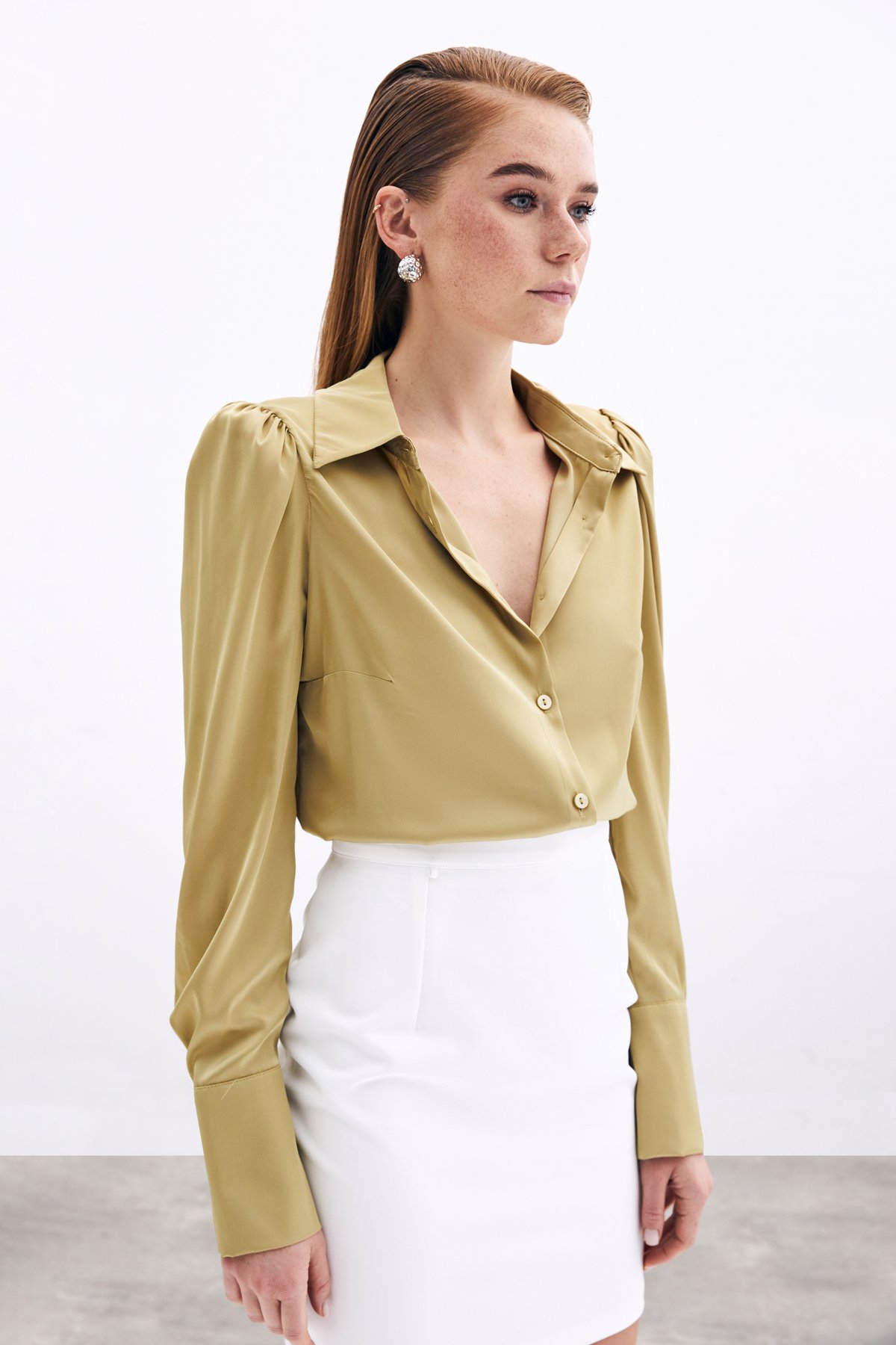 Vatkalı Saten Gömlek - Sütlü Kahve