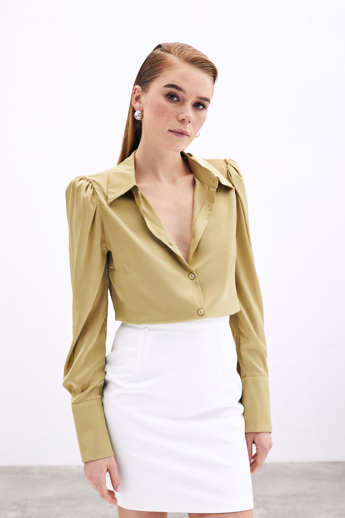 Vatkalı Saten Gömlek - Sütlü Kahve