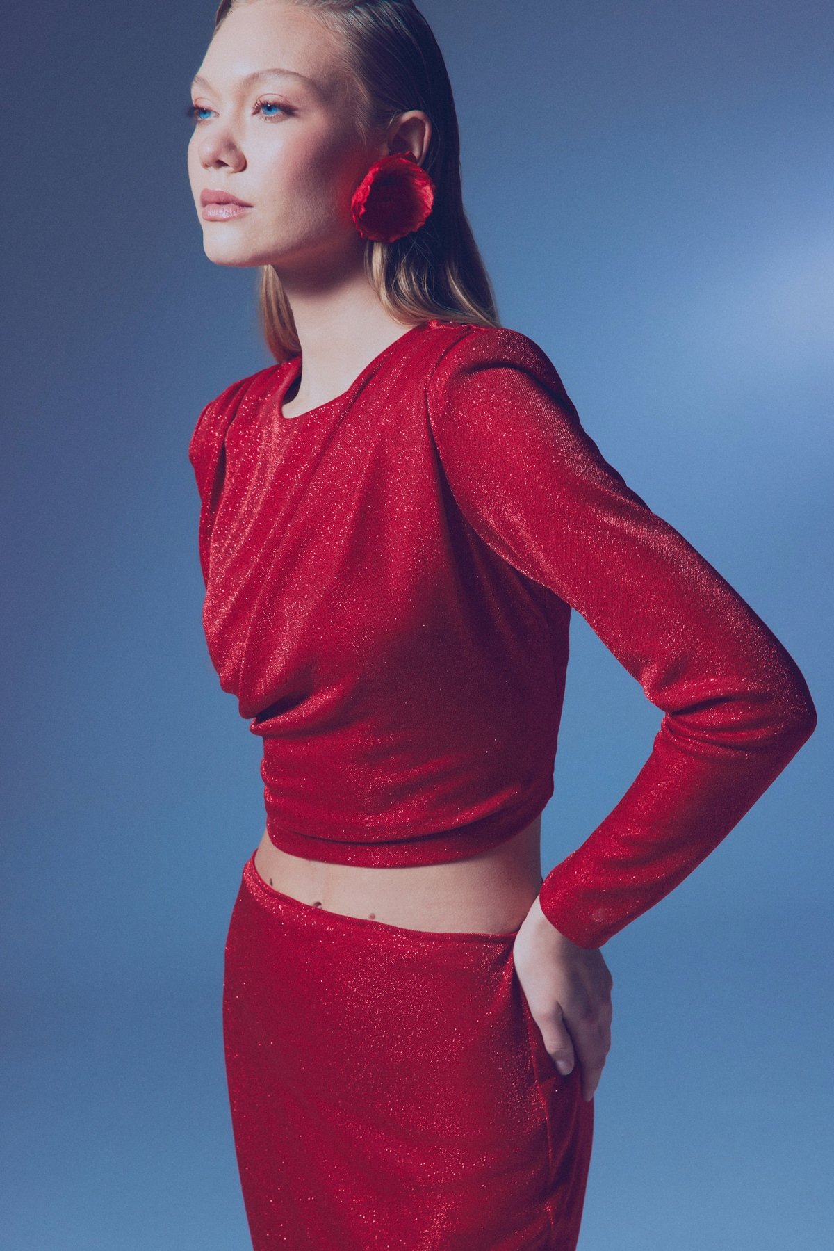 Vatkalı Simli Bluz - KIRMIZI