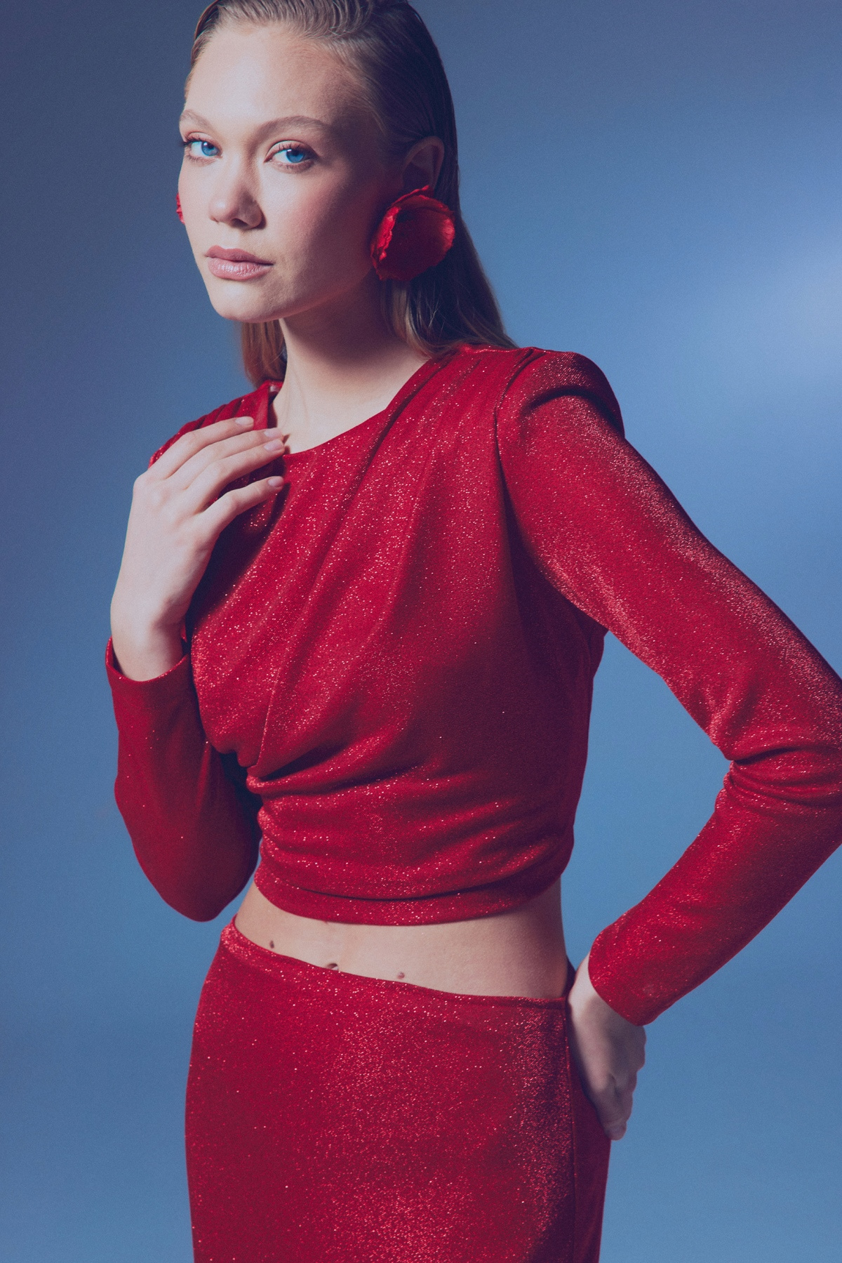 Vatkalı Simli Bluz - KIRMIZI