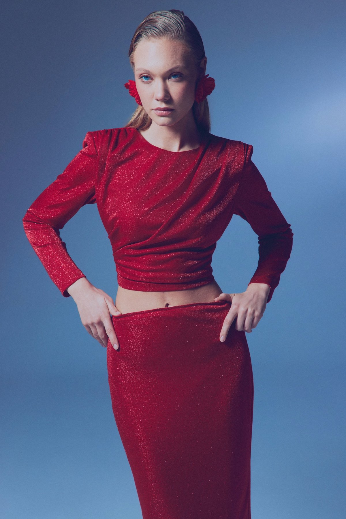 Vatkalı Simli Bluz - KIRMIZI