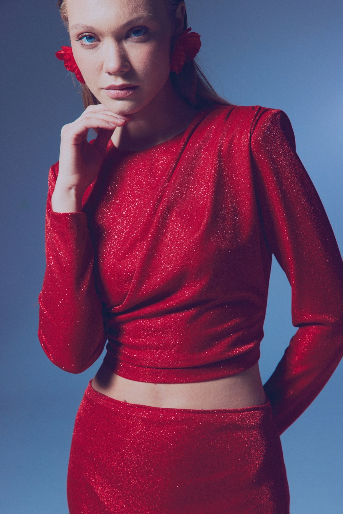 Vatkalı Simli Bluz - KIRMIZI