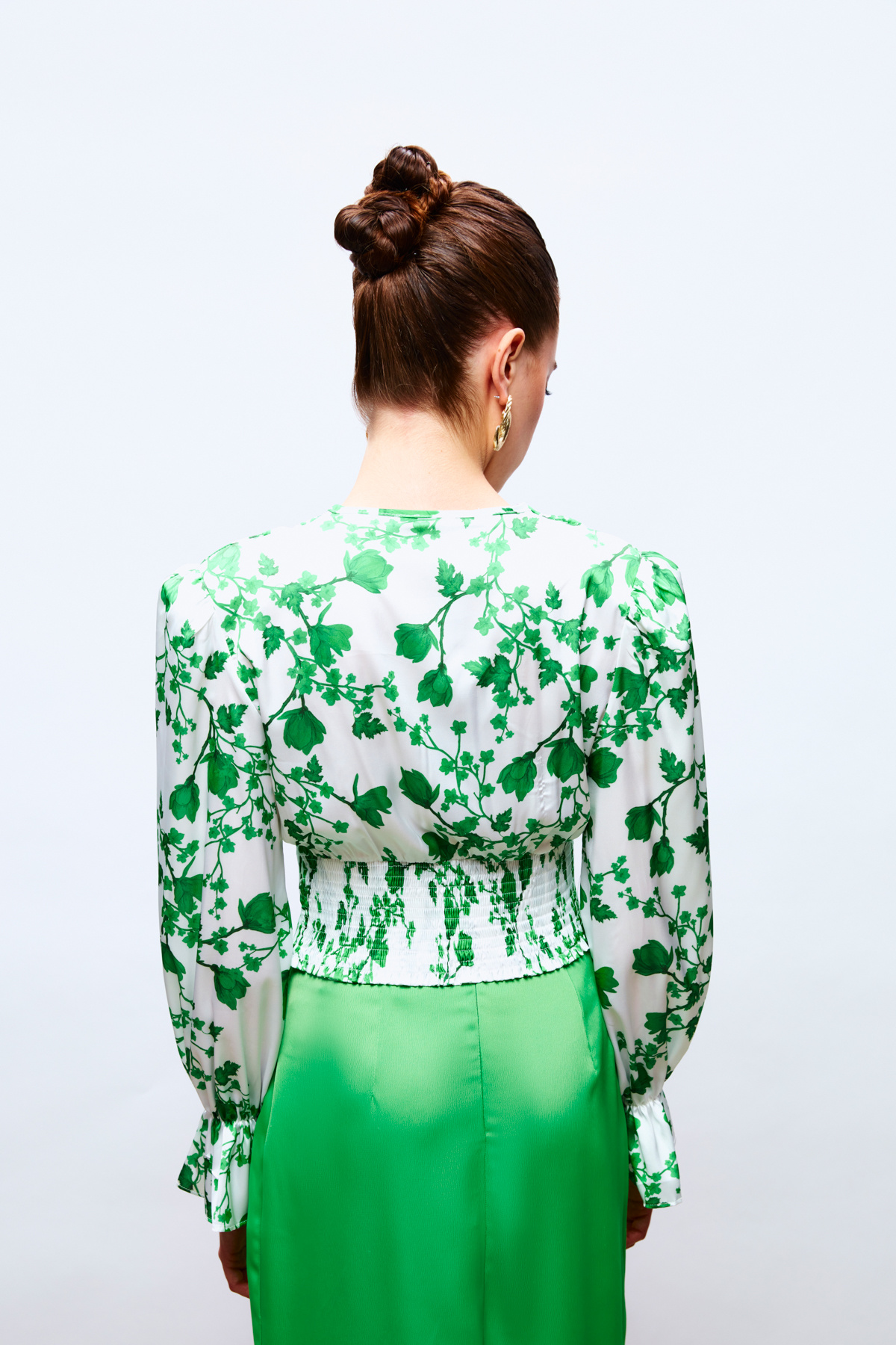 Volanlı Kol Detaylı Saten Bluz - YEŞİL