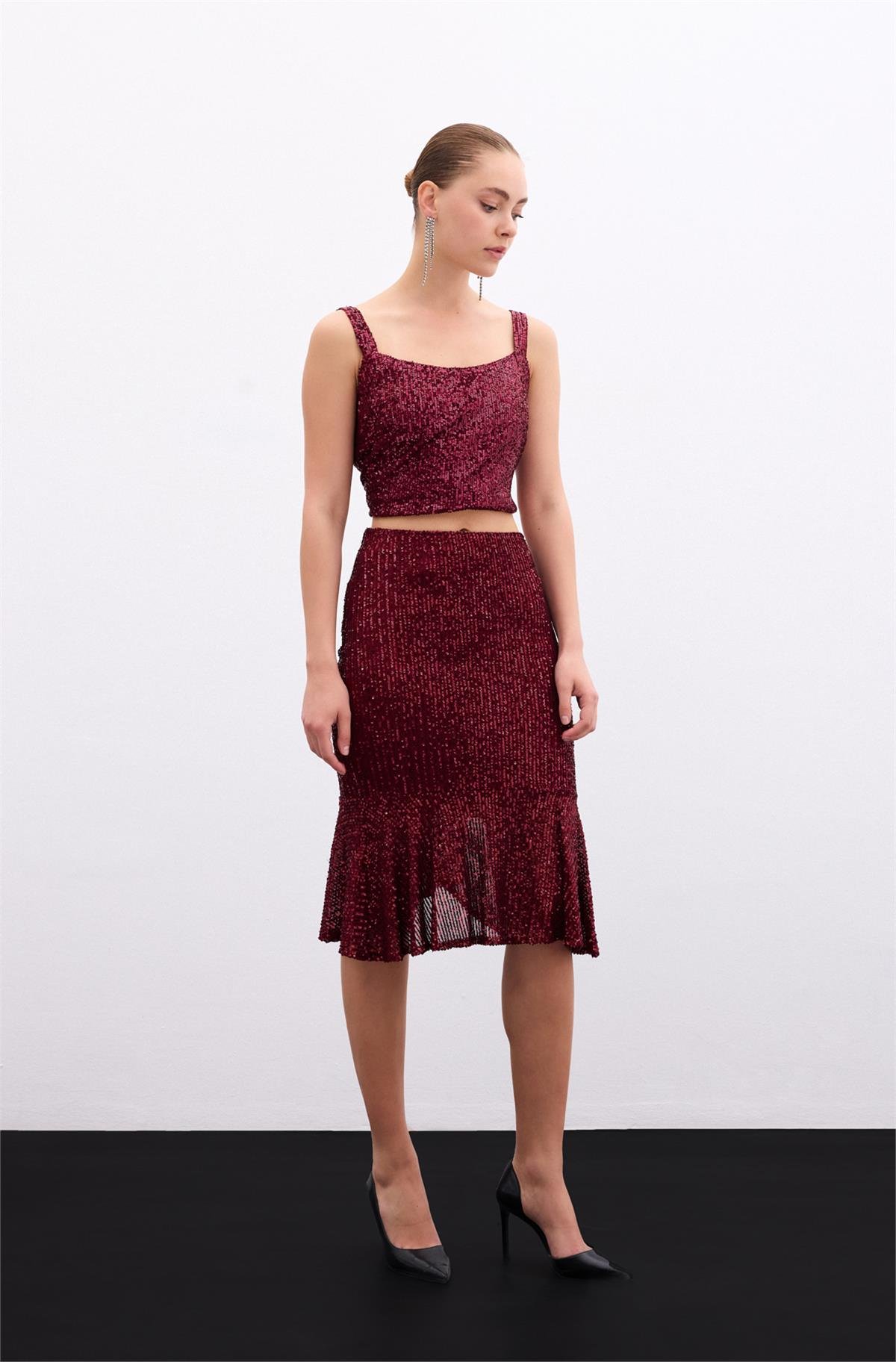 Flounce Sequined Skirt - MAROON