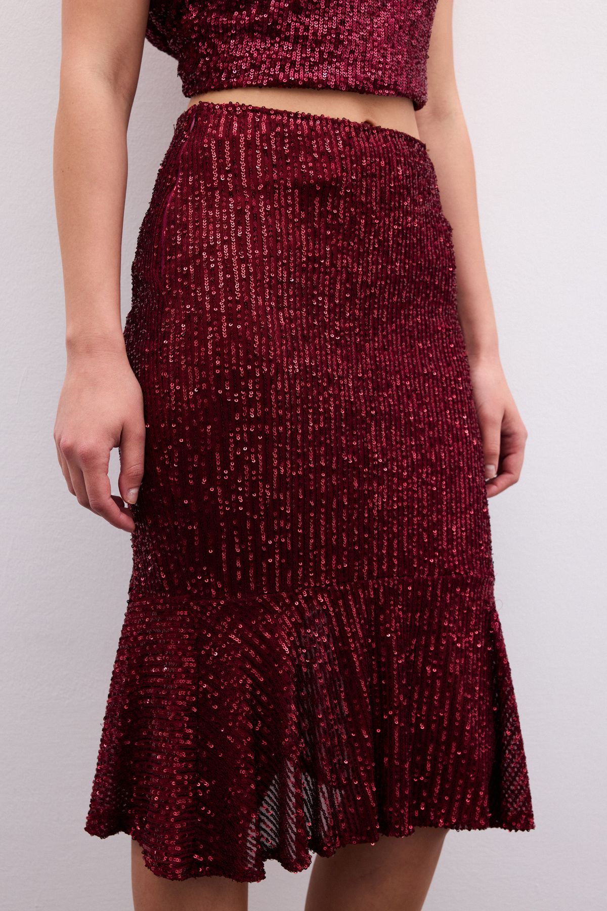 Flounce Sequined Skirt - MAROON
