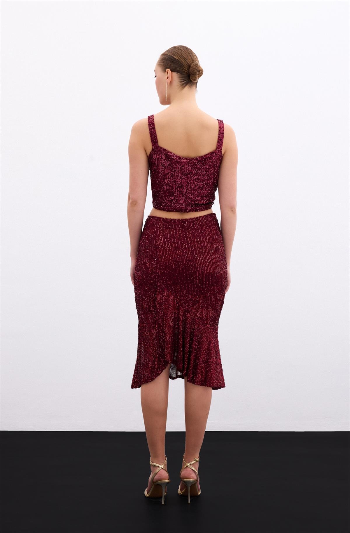 Flounce Sequined Skirt - MAROON