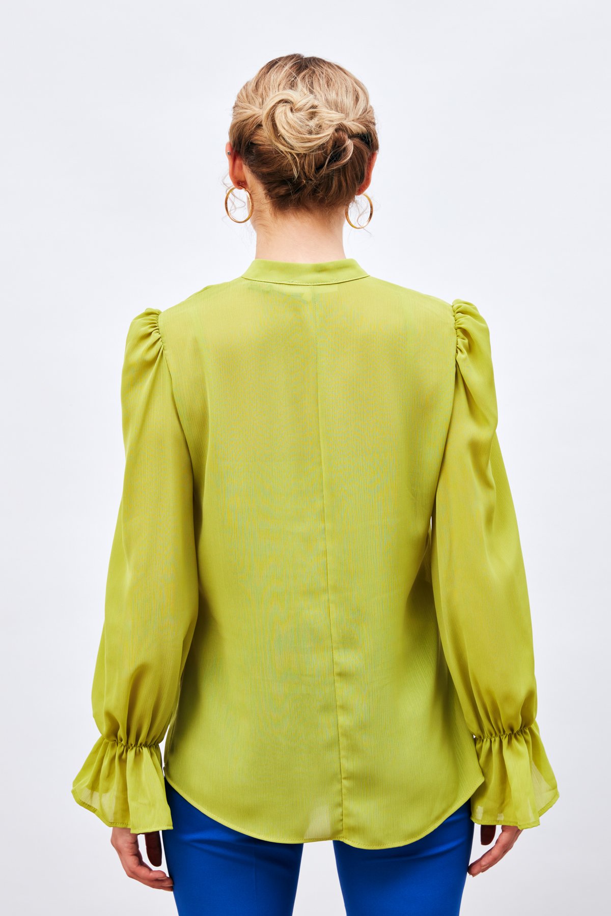 Yaka Bağlama Detaylı Salaş Bluz - YAĞ YEŞİLİ