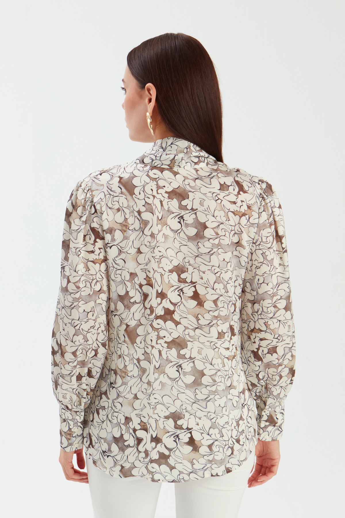 Yaka Bağlamalı Desenli Bluz - BEJ