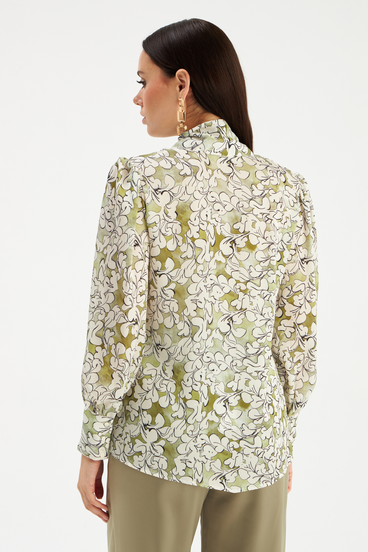 Yaka Bağlamalı Desenli Bluz - YEŞİL