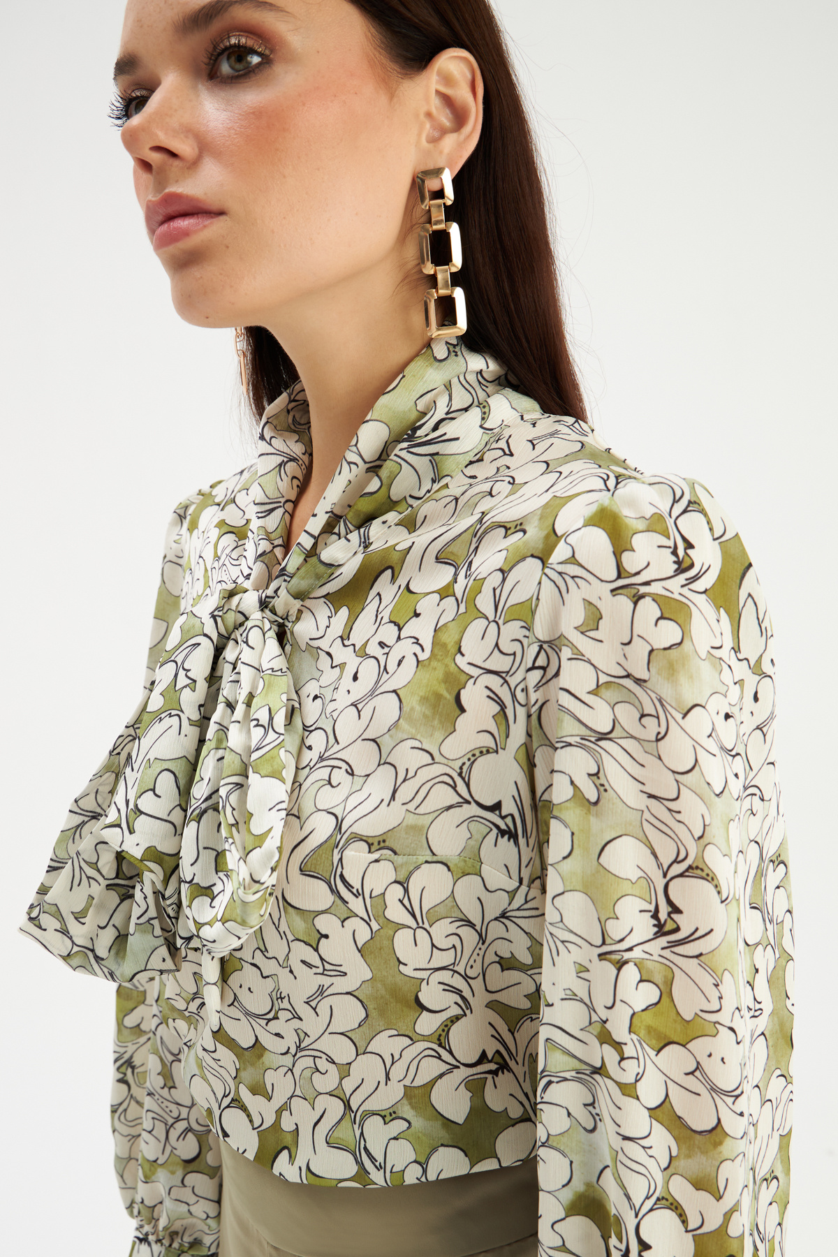 Yaka Bağlamalı Desenli Bluz - YEŞİL
