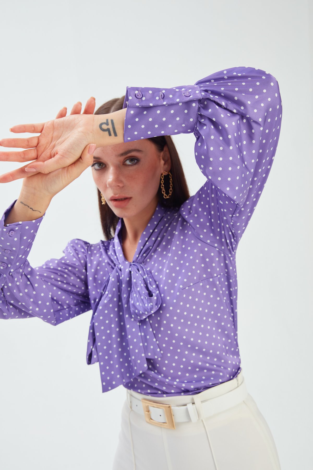 Tie Collar Polka Dot Blouse - PURPLE