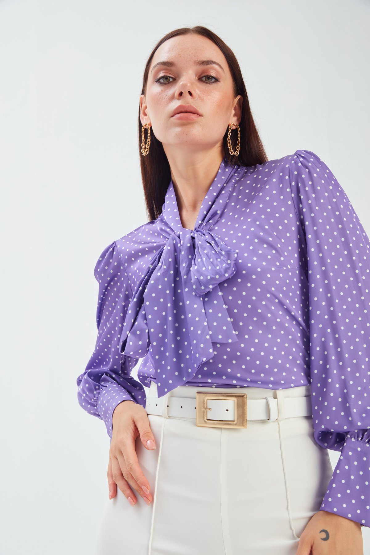 Tie Collar Polka Dot Blouse - PURPLE
