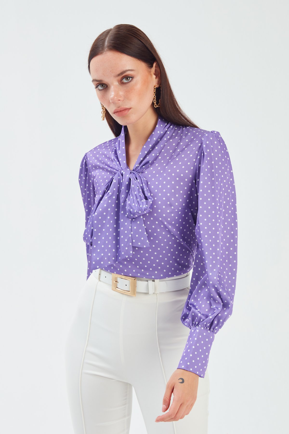 Tie Collar Polka Dot Blouse - PURPLE