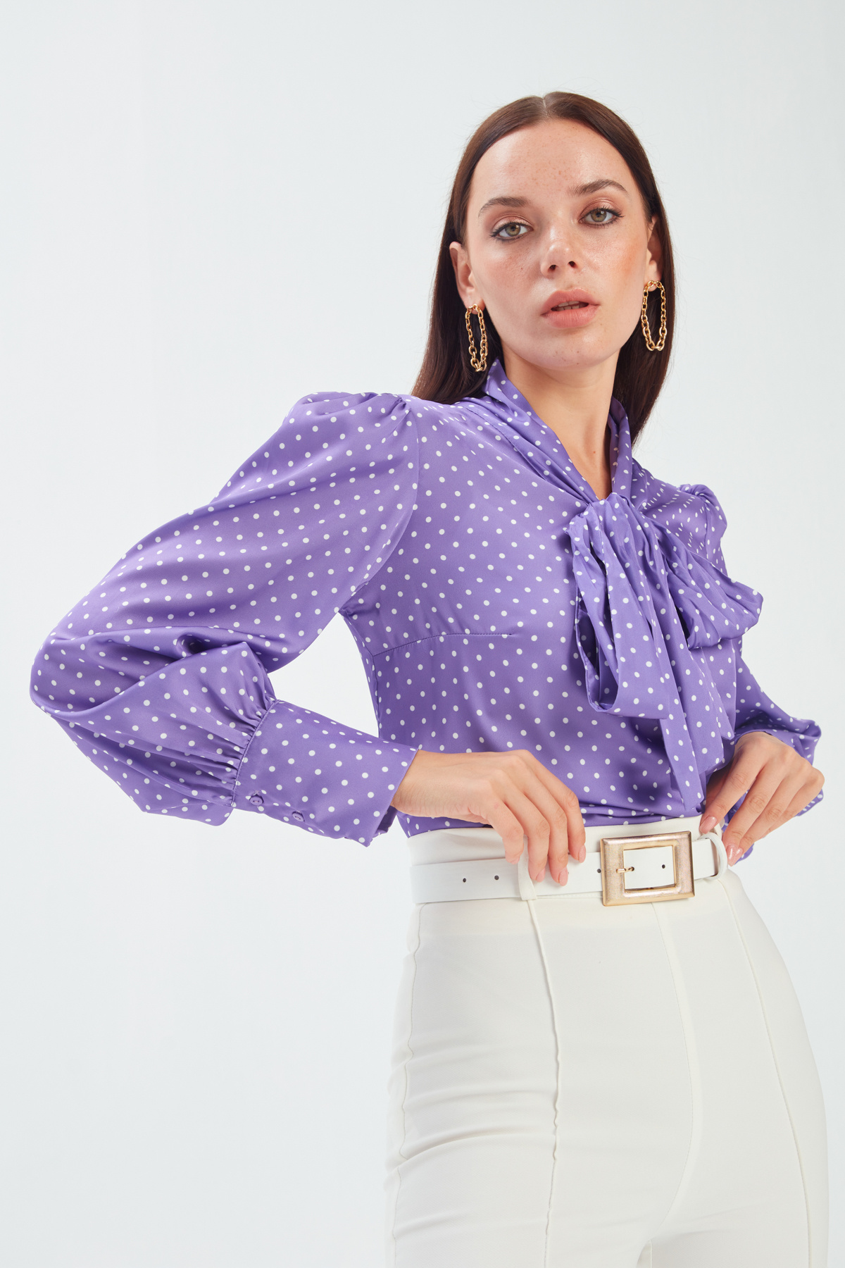 Tie Collar Polka Dot Blouse - PURPLE