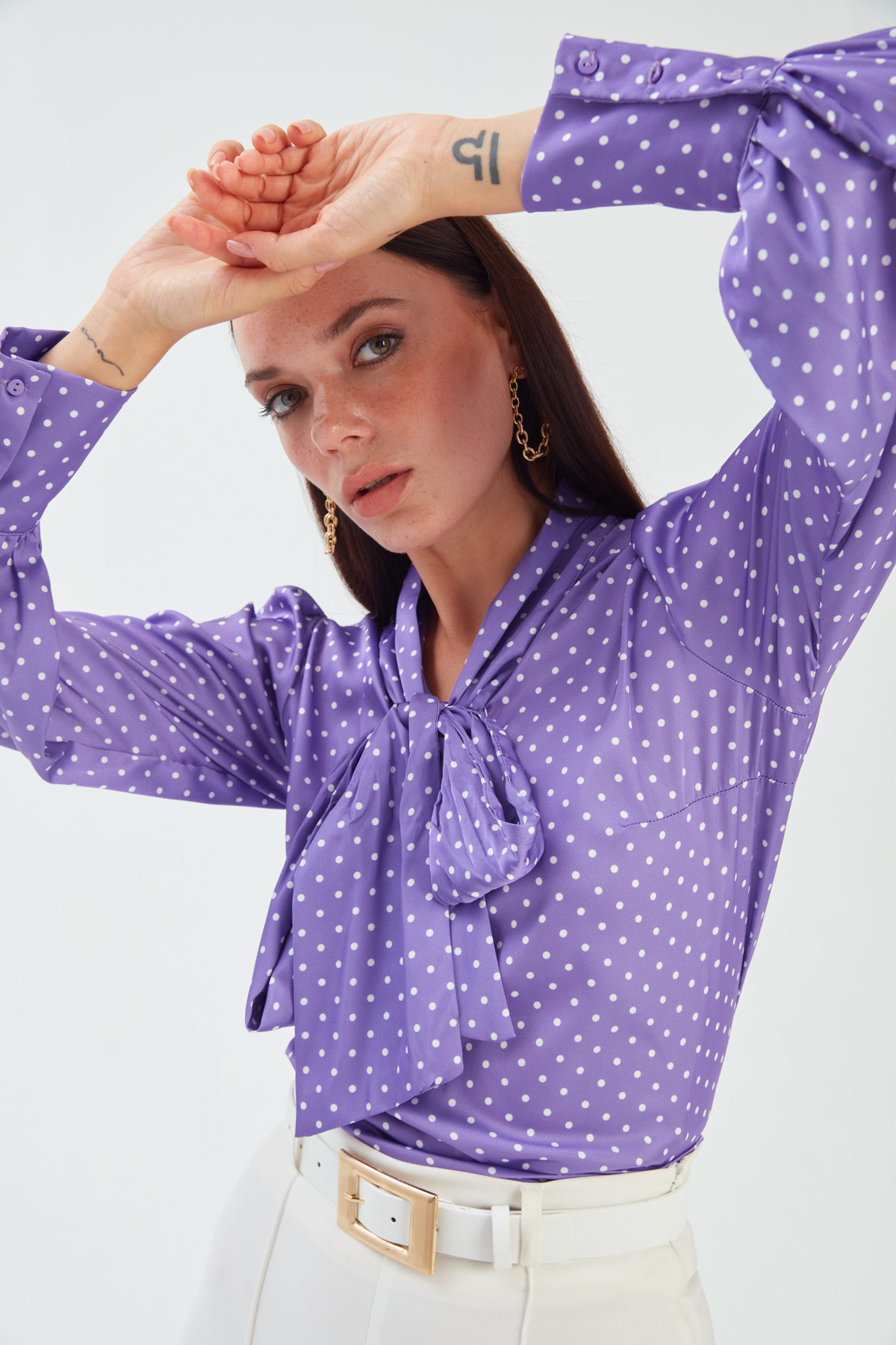 Tie Collar Polka Dot Blouse - PURPLE