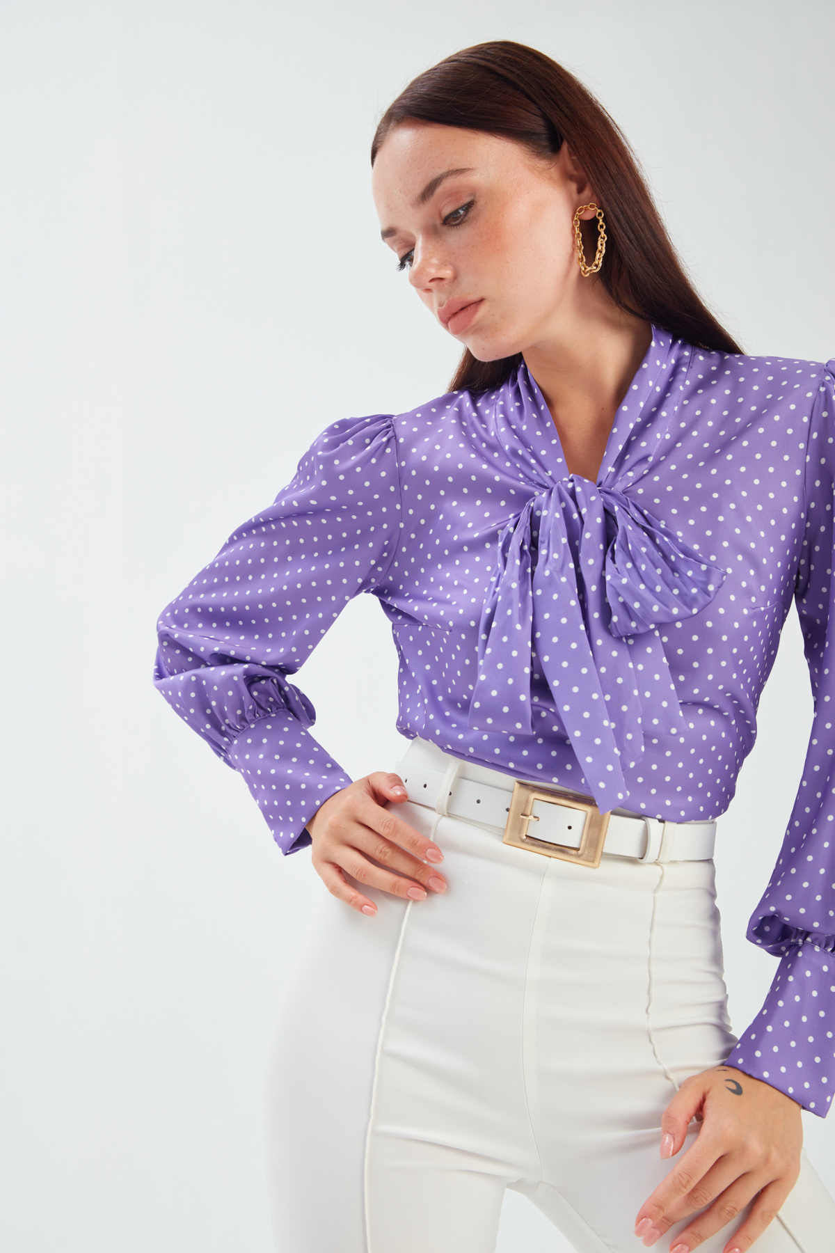 Tie Collar Polka Dot Blouse - PURPLE