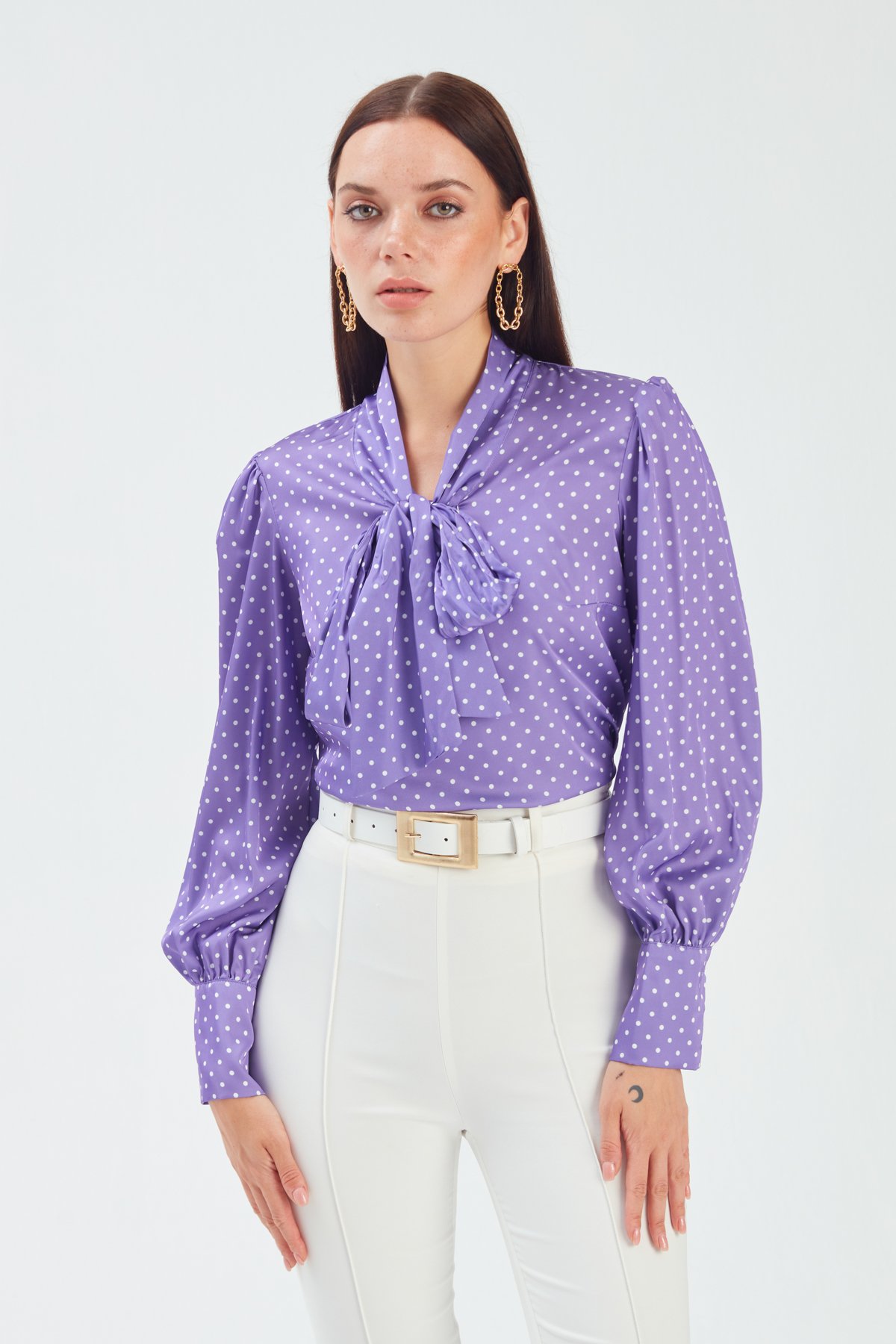 Tie Collar Polka Dot Blouse - PURPLE