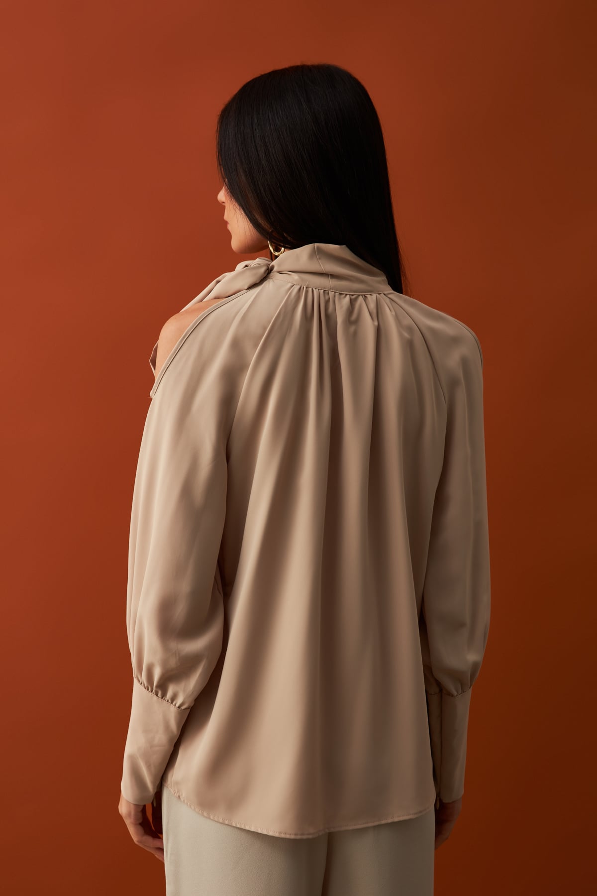Tie Collar Loose Blouse - BEIGE