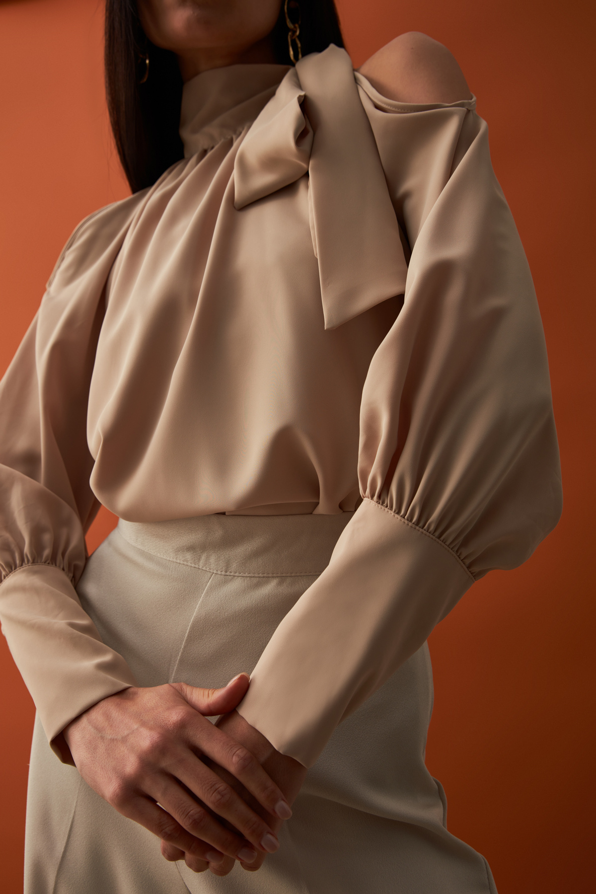 Tie Collar Loose Blouse - BEIGE