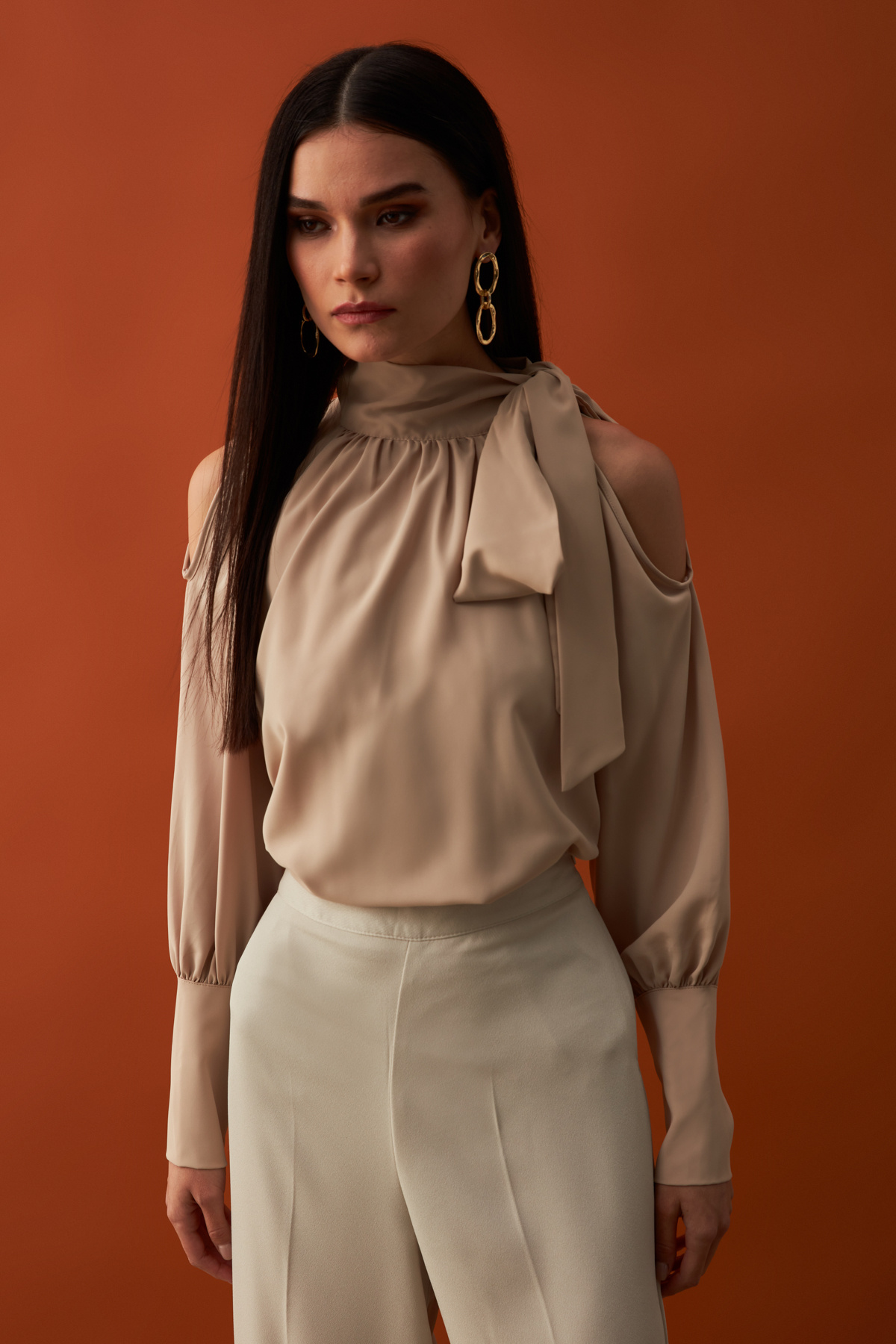 Tie Collar Loose Blouse - BEIGE