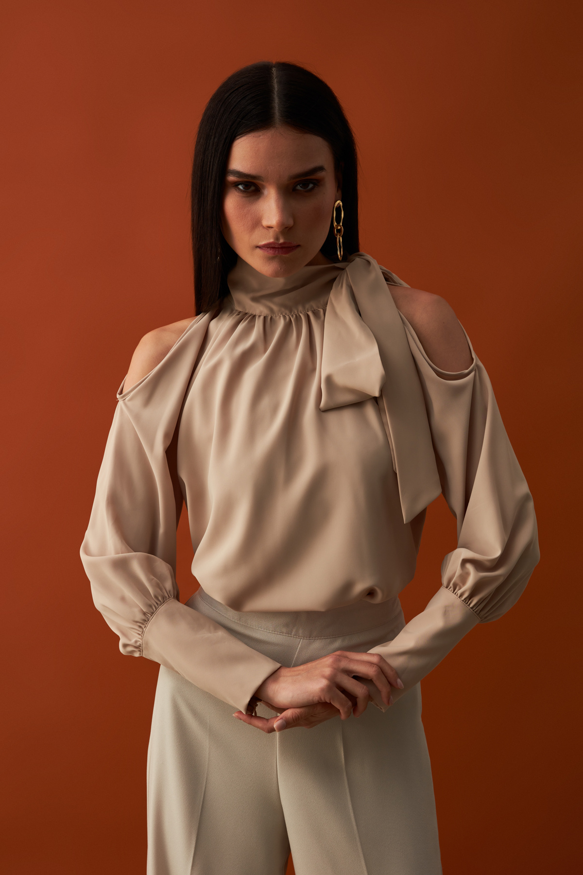Tie Collar Loose Blouse - BEIGE