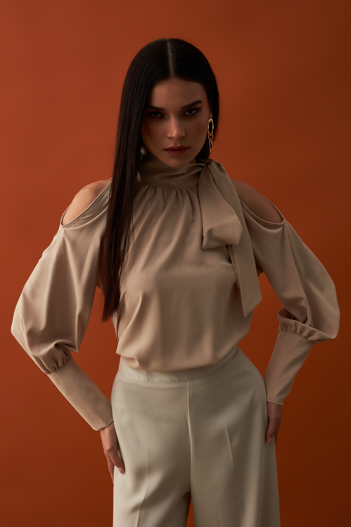 Tie Collar Loose Blouse - BEIGE