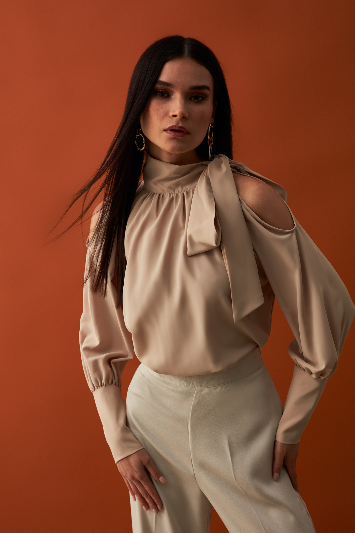 Tie Collar Loose Blouse - BEIGE